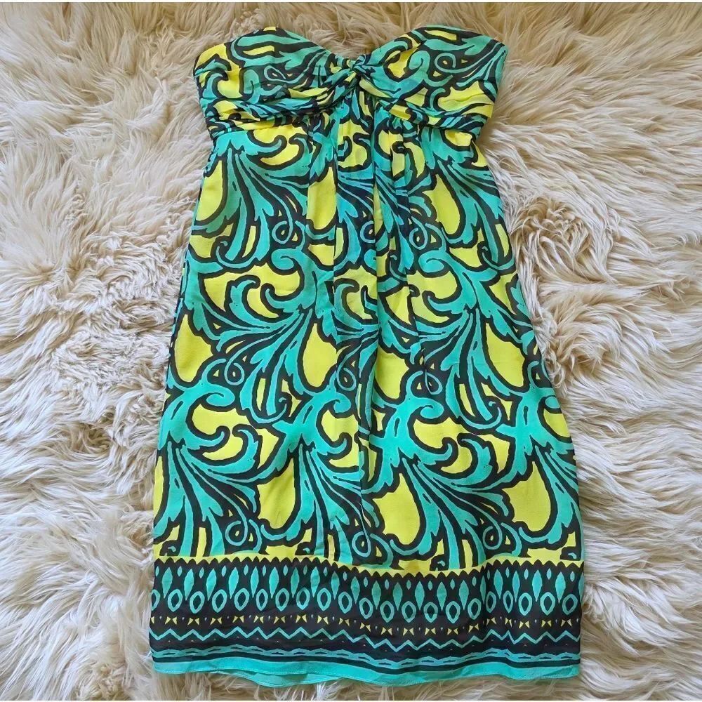 An Original Milly Of New York 100% Silk Lined Green And Yellow Mini Dress Size 2
